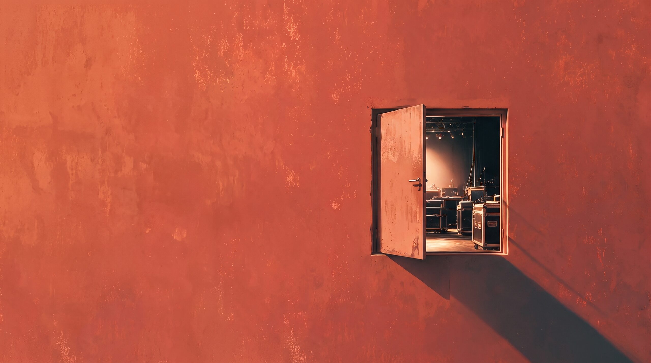 A terracotta wall with one small stage door ajar onto a lit backstage