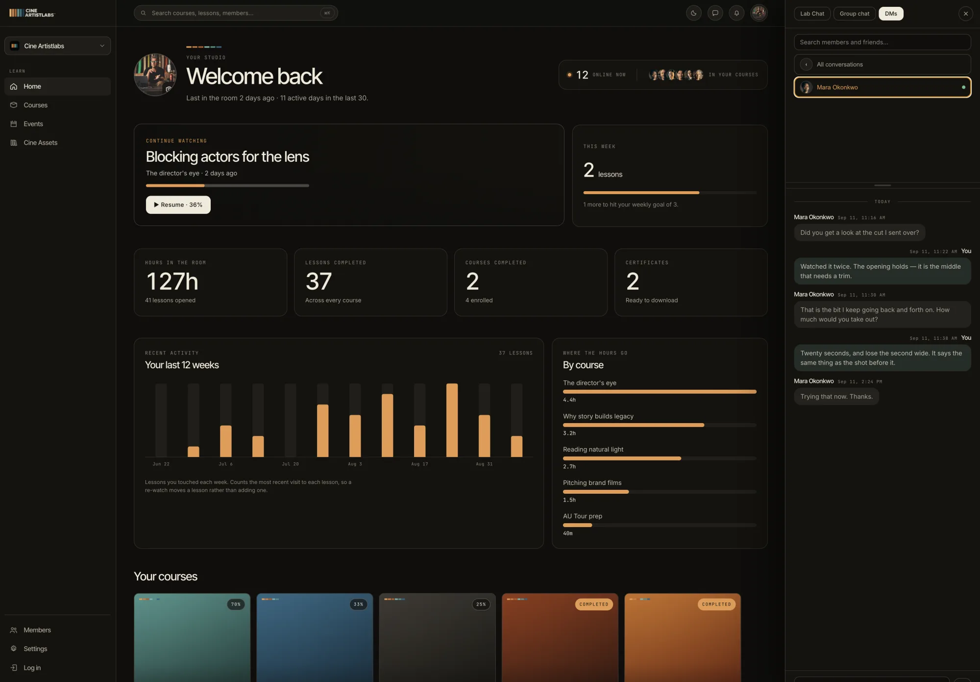 The Lab home: continue watching, hours in the room, weekly activity and a direct message thread.