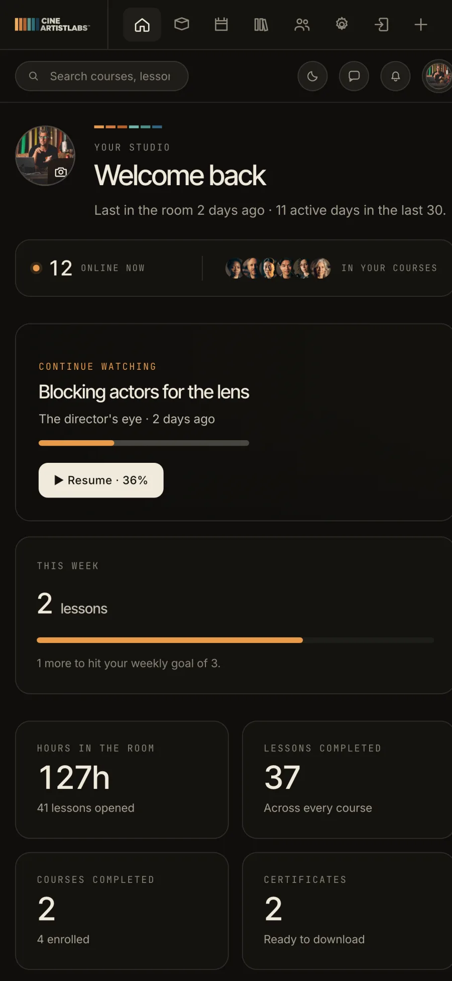 The Lab home on a phone: continue watching and this week's lesson goal.